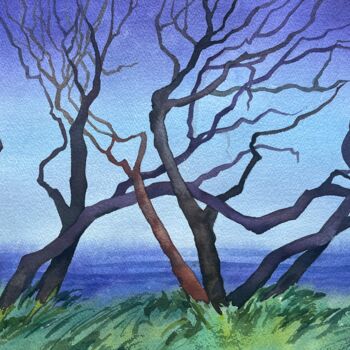 Pittura intitolato "Sea and tree" da Valentina Pushkareva, Opera d'arte originale, Acquarello