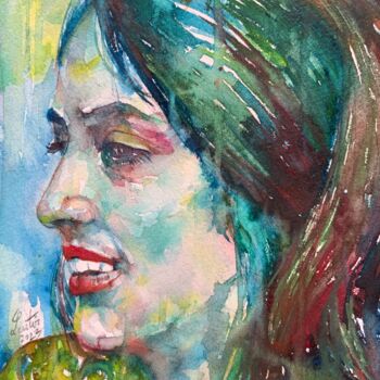 Schilderij getiteld "JOAN BAEZ" door Lautir, Origineel Kunstwerk, Aquarel