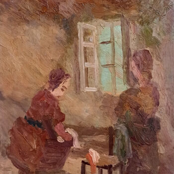 Pittura intitolato "The washerwomen - I…" da Guido Guidi, Opera d'arte originale, Olio Montato su Pannello di legno