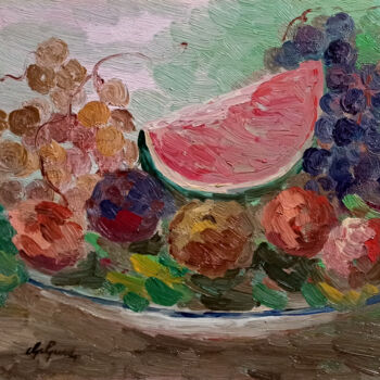 Pittura intitolato "Plate with fresh fr…" da Guido Guidi, Opera d'arte originale, Olio Montato su Pannello di legno