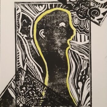 Gravures & estampes intitulée "Souffleur" par Angelique Mouton, Œuvre d'art originale, Linogravures