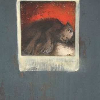 Painting titled "the dream of a bear" by Sergii Shkoliar, Original Artwork, Oil Mounted on Wood Panel