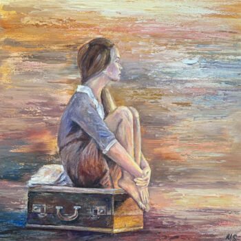 Peinture intitulée "Mädchen am Koffer.…" par Maryna Shefer, Œuvre d'art originale, Huile