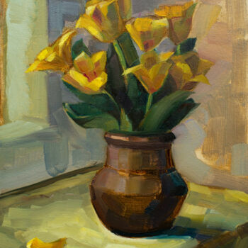 Ζωγραφική με τίτλο "Yellow tulips" από Arus Pashikyan, Αυθεντικά έργα τέχνης, Λάδι Τοποθετήθηκε στο Ξύλινο φορείο σκελετό