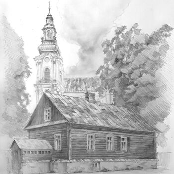 Drawing titled "Log house" by Dmytro Koptyev, Original Artwork, Pencil