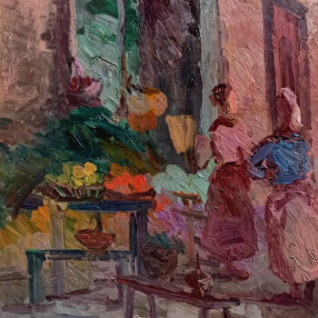 Pittura intitolato "The fruit stand - O…" da Guido Guidi, Opera d'arte originale, Olio Montato su Pannello di legno