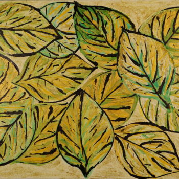 Painting titled "GREEN LEAVES" by Coco, Original Artwork, Acrylic Mounted on Wood Stretcher frame
