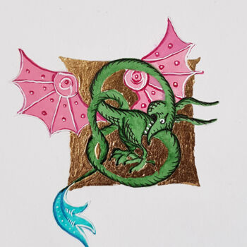 Desenho intitulada "Medieval dragon wit…" por Ekaterina Andreeva, Obras de arte originais, Aquarela