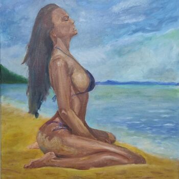제목이 "girl on the beach"인 미술작품 Vladislav Guzeev로, 원작, 기름 나무 들것 프레임에 장착됨