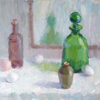Pittura intitolato "Still life with gre…" da Olga Silivanchyk, Opera d'arte originale, Olio Montato su Telaio per barella in…