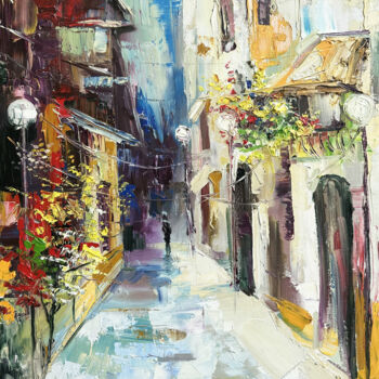 「LUMINESCENT ALLEY」というタイトルの絵画 Vahe Bagumyanによって, オリジナルのアートワーク, オイル ウッドストレッチャーフレームにマウント