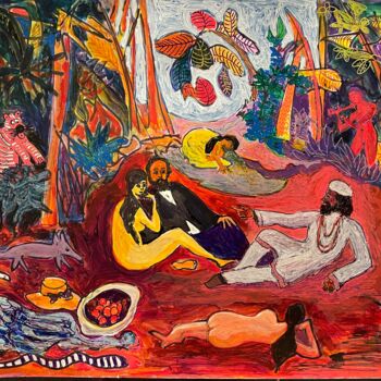 Painting titled "Picnic in the jungl…" by Michel Testard, Original Artwork, Acrylic Mounted on Wood Panel