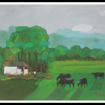 Ζωγραφική με τίτλο "The Village - Simpl…" από Basil Cooray, Αυθεντικά έργα τέχνης, Λάδι Τοποθετήθηκε στο Άλλος άκαμπτος πίνα…