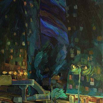 Painting titled ""Night mood''" by Raffi Ghazaryan, Original Artwork, Oil Mounted on Wood Stretcher frame