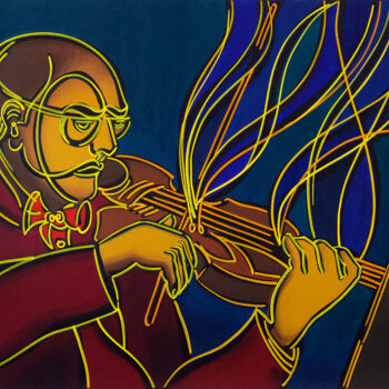 Painting titled "O Violinista Amarelo" by Dek, Original Artwork, Acrylic Mounted on Wood Stretcher frame