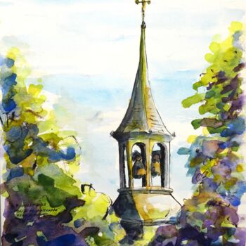 Drawing titled "Clocher de l'église…" by René Blanchet, Original Artwork, Watercolor