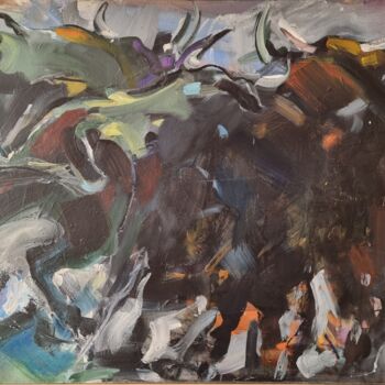 Painting titled "Troupeau de taureaux" by Alain Delmas, Original Artwork, Oil Mounted on Wood Stretcher frame
