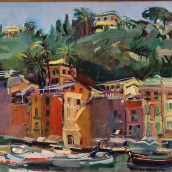 Painting titled "La Riviéra - Portof…" by Alain Delmas, Original Artwork, Oil Mounted on Wood Stretcher frame