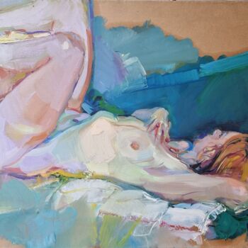 Painting titled "Nu allongé" by Alain Delmas, Original Artwork, Oil Mounted on Wood Stretcher frame