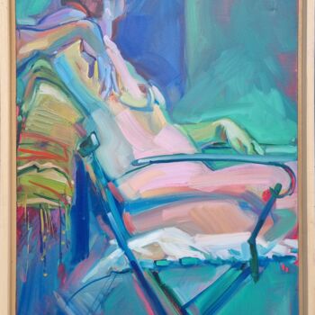 Painting titled "Nu assis bleu" by Alain Delmas, Original Artwork, Oil Mounted on Wood Stretcher frame
