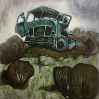 Painting titled "''Old car''1" by Raffi Ghazaryan, Original Artwork, Oil Mounted on Wood Stretcher frame