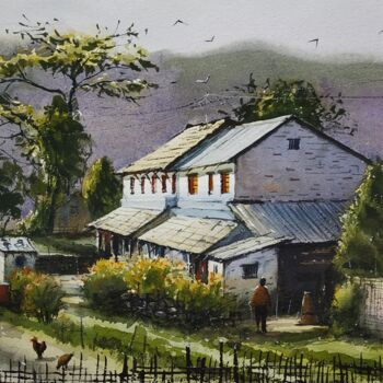 Pittura intitolato "Rural House" da Niketan Bhalerao, Opera d'arte originale, Acquarello