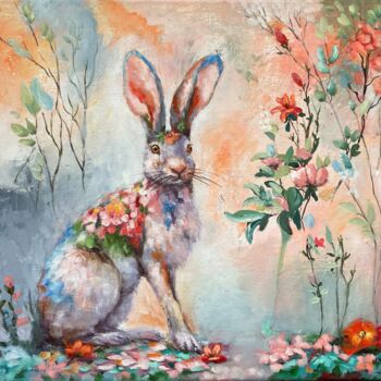 "Flower Hare" başlıklı Tablo Natalie Aleksejeva (NatalieVerve) tarafından, Orijinal sanat, Petrol Ahşap Sedye çerçevesi üzer…