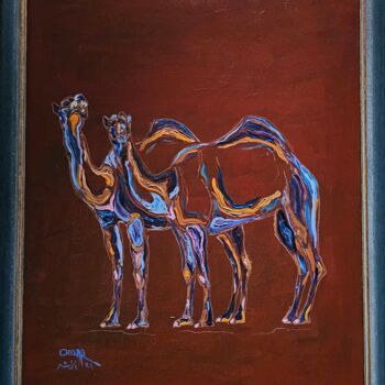 Painting titled "The beauty of camels" by Omar Yousef Alrashed, Original Artwork, Acrylic Mounted on Wood Panel