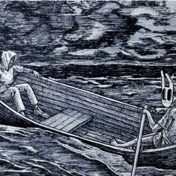 Painting titled "Two people in a boat" by Pavel Mokich, Original Artwork, Marker Mounted on Wood Stretcher frame