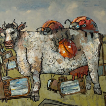 Painting titled "Terrible cow" by Tot_chuvak, Original Artwork, Acrylic Mounted on Wood Stretcher frame