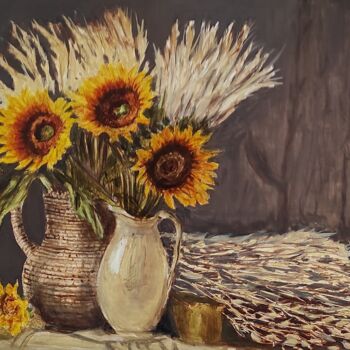 Ζωγραφική με τίτλο "Les tournesols" από Pascal Bourgouin, Αυθεντικά έργα τέχνης, Λάδι Τοποθετήθηκε στο Ξύλινο φορείο σκελετό
