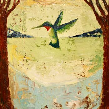 Painting titled "PORTRAIT OF HUMMING…" by Naoko Paluszak, Original Artwork, Oil Mounted on Wood Stretcher frame