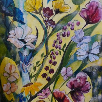 Painting titled "Fleurs" by Môm, Original Artwork, Acrylic Mounted on Wood Stretcher frame