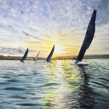 Malerei mit dem Titel "Sailing Race at Sun…" von Erkin Yılmaz, Original-Kunstwerk, Aquarell