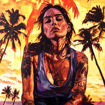 Digital Arts titled "Rêverie Azur" by Frédéric Font (Chroma), Original Artwork, Digital Painting Mounted on Wood Stretcher f…