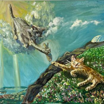 「Creation of the Cat」というタイトルの絵画 Mariia Gabelkoによって, オリジナルのアートワーク, オイル ウッドストレッチャーフレームにマウント