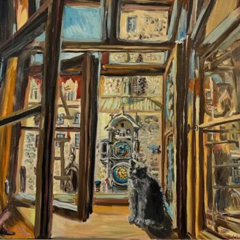「Th Cat on the Backg…」というタイトルの絵画 Mariia Gabelkoによって, オリジナルのアートワーク, オイル ウッドストレッチャーフレームにマウント