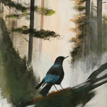 Painting titled "L'oiseau de la forêt" by Ahmad Bader, Original Artwork, Acrylic Mounted on Other rigid panel