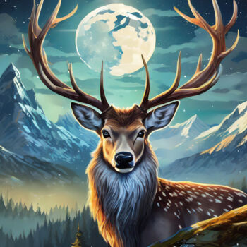 Digital Arts titled "Over the Moon Deer" by Jacek Dudziński, Original Artwork, Digital Painting