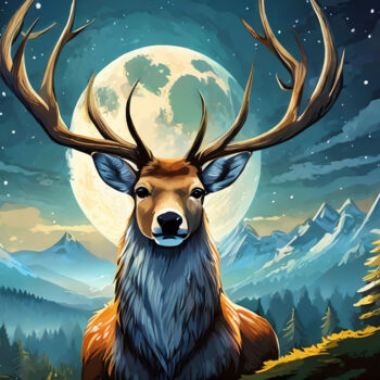 Digital Arts titled "Night Moon Deer" by Jacek Dudziński, Original Artwork, Digital Painting