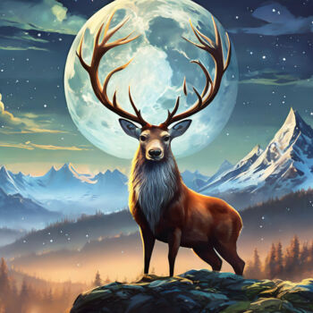 Digitale Kunst getiteld "Foggy Deer Moon" door Jacek Dudziński, Origineel Kunstwerk, Digitaal Schilderwerk