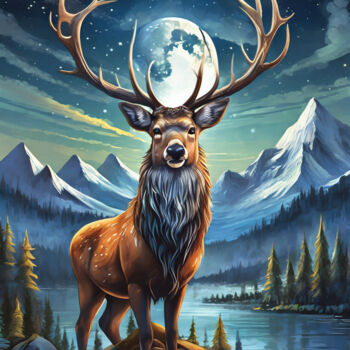 Digital Arts titled "Starry Stag" by Jacek Dudziński, Original Artwork, Digital Painting