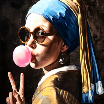 Digital Arts titled "Fille à la Perle en…" by Frédéric Font (Chroma), Original Artwork, Digital Painting Mounted on Wood Str…