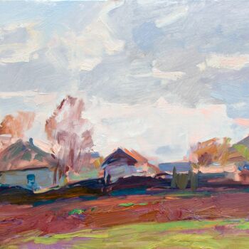 Картина под названием "April in the village" - Aleksander Kryushyn, Подлинное произведение искусства, Масло