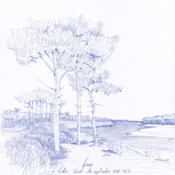 Tekening getiteld "Le Havre du Payré,…" door François Cusson, Origineel Kunstwerk, Potlood Gemonteerd op Plexiglas