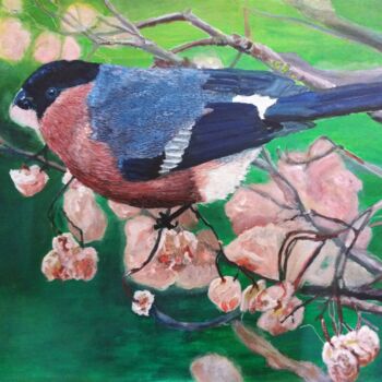 Painting titled "Снегирь весной" by Sergey Milin, Original Artwork, Acrylic