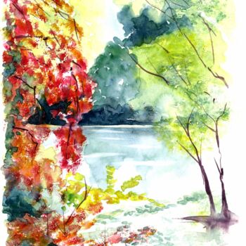 Peinture intitulée "Au bord d'un étang" par Françoise Renou, Œuvre d'art originale, Aquarelle