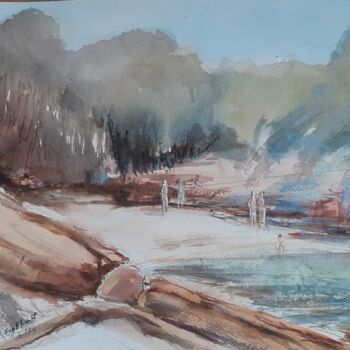 Painting titled "Plage des Grottes e…" by Eve Elikoff, Original Artwork, Watercolor