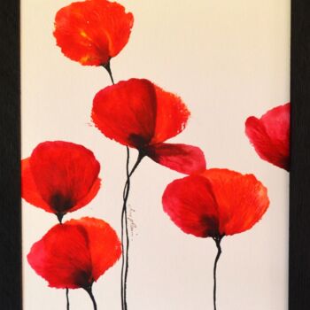Drawing titled ""Fleurs Rouges 5"" by Sophie Duplain, Original Artwork, Acrylic Mounted on Wood Panel