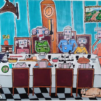 Painting titled "Repas de famille" by Blonval, Original Artwork, Acrylic Mounted on Wood Stretcher frame